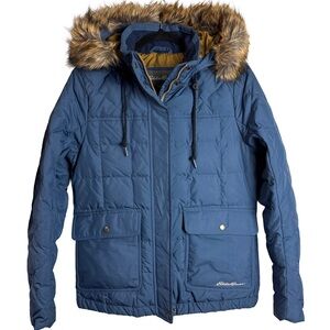 Eddie Bauer Women’s Down Puffer Jacket – Blue Faux Fur Hood (Size S)